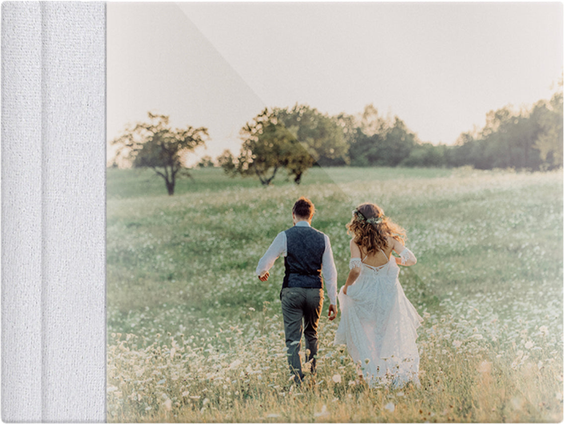 Off White velvet wedding album, full acrylic photo cover, 18x12