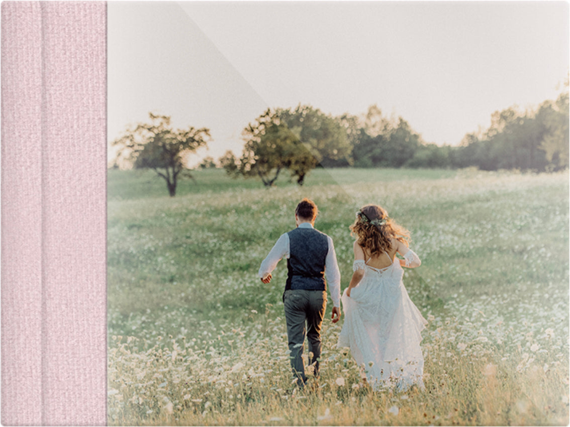 Soft Rose Pink velvet wedding album, full acrylic photo cover, 18x12