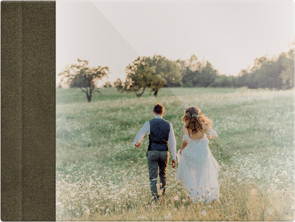 Taupe Brown velvet wedding album, full acrylic photo cover, 18x12