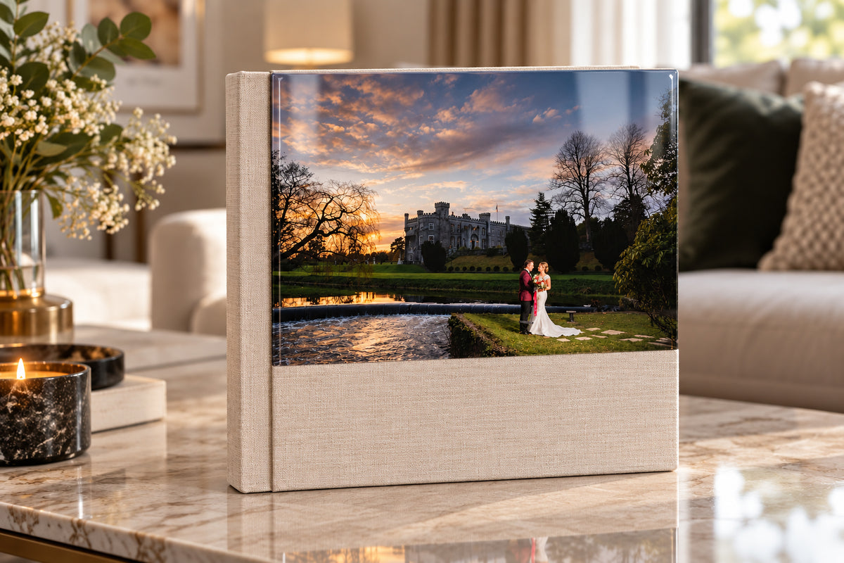 Acrylic half photo cover linen wedding album with castle sunset wedding photo