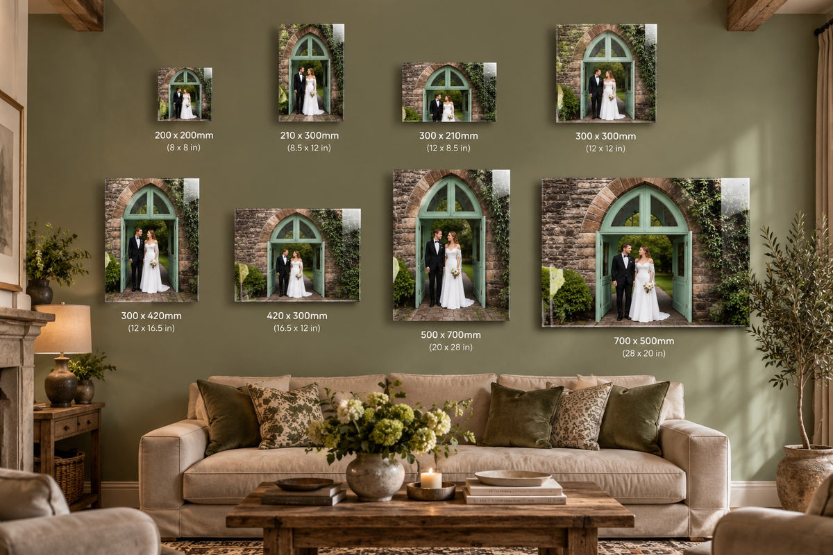 Acrylic wall print size guide showing all eight sizes on a living room wall