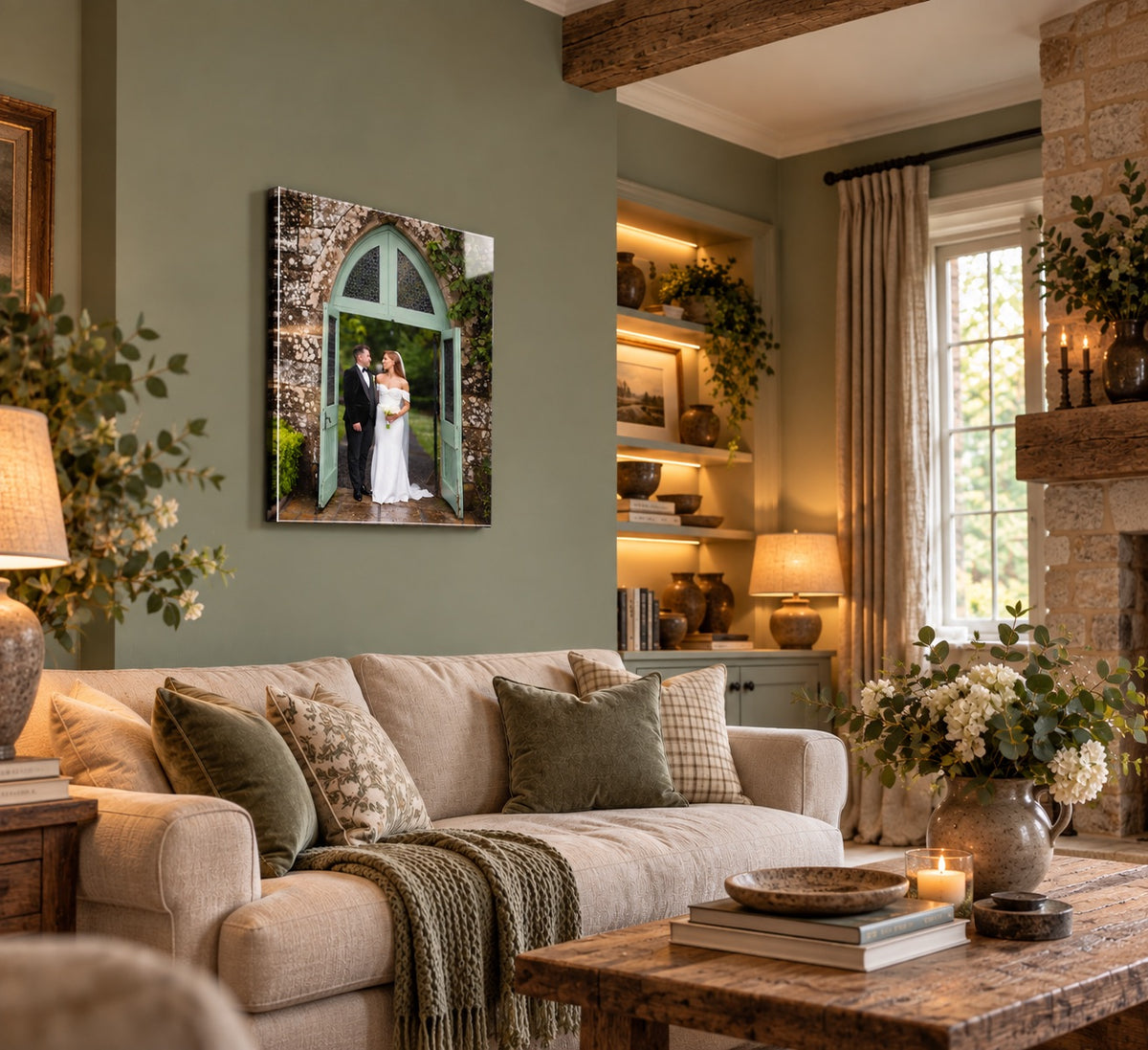 Acrylic wall print of a bride and groom in a stone doorway, hanging in a cosy living room