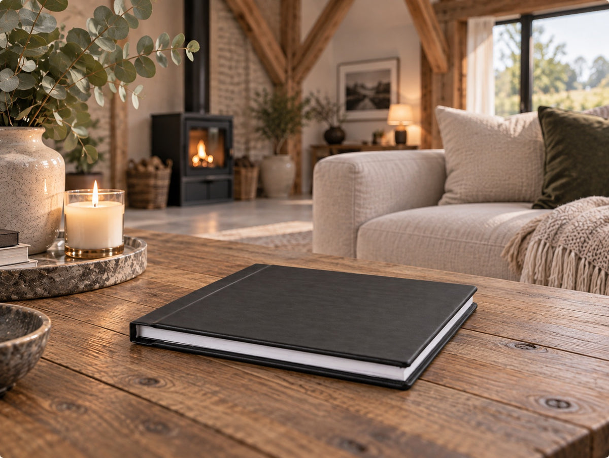 Raven Black leatherette landscape wedding album on a rustic wooden coffee table by the fire